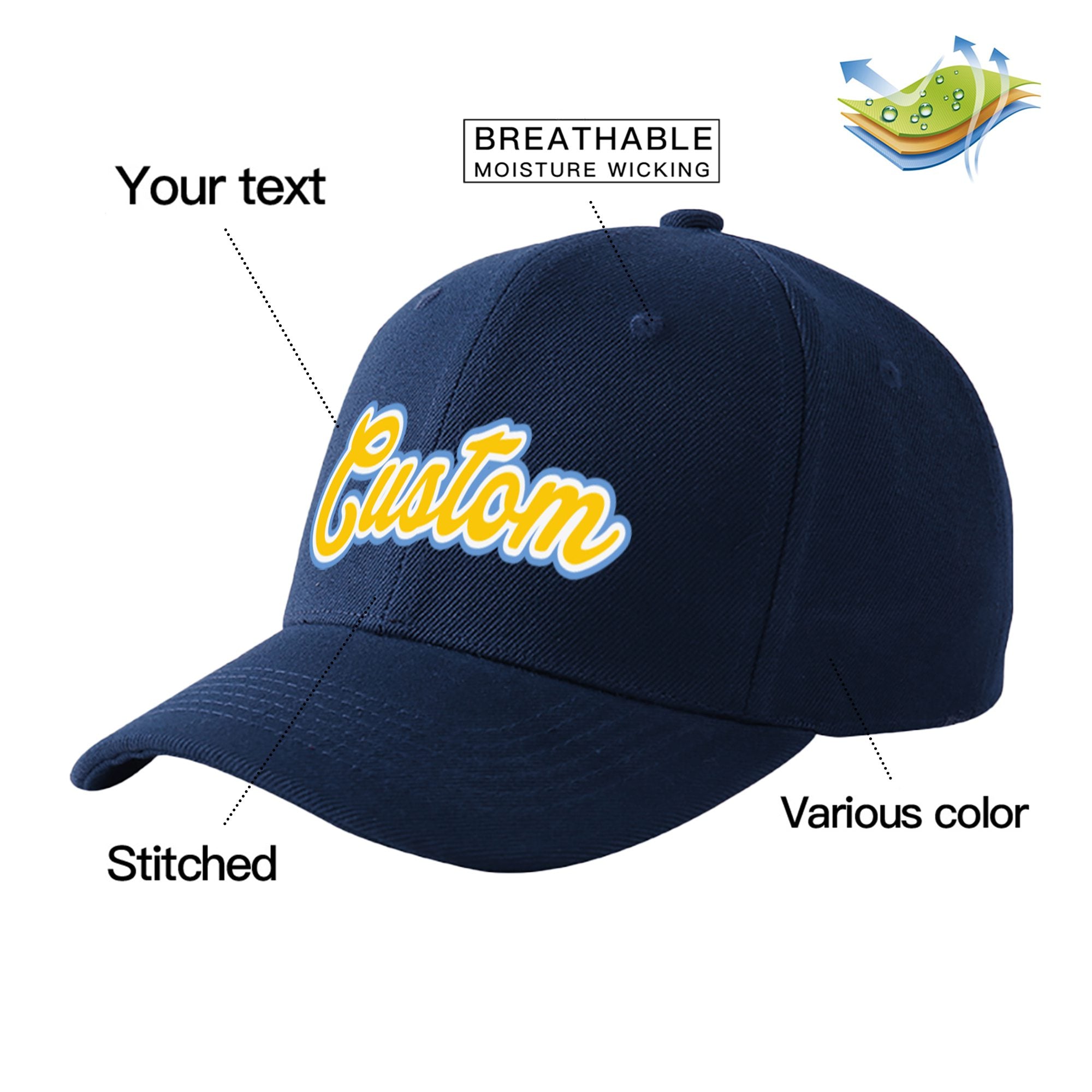 Custom Navy Yellow Baseball Cap Curved Eaves Hats Vintage Design for Men/Women/Youth