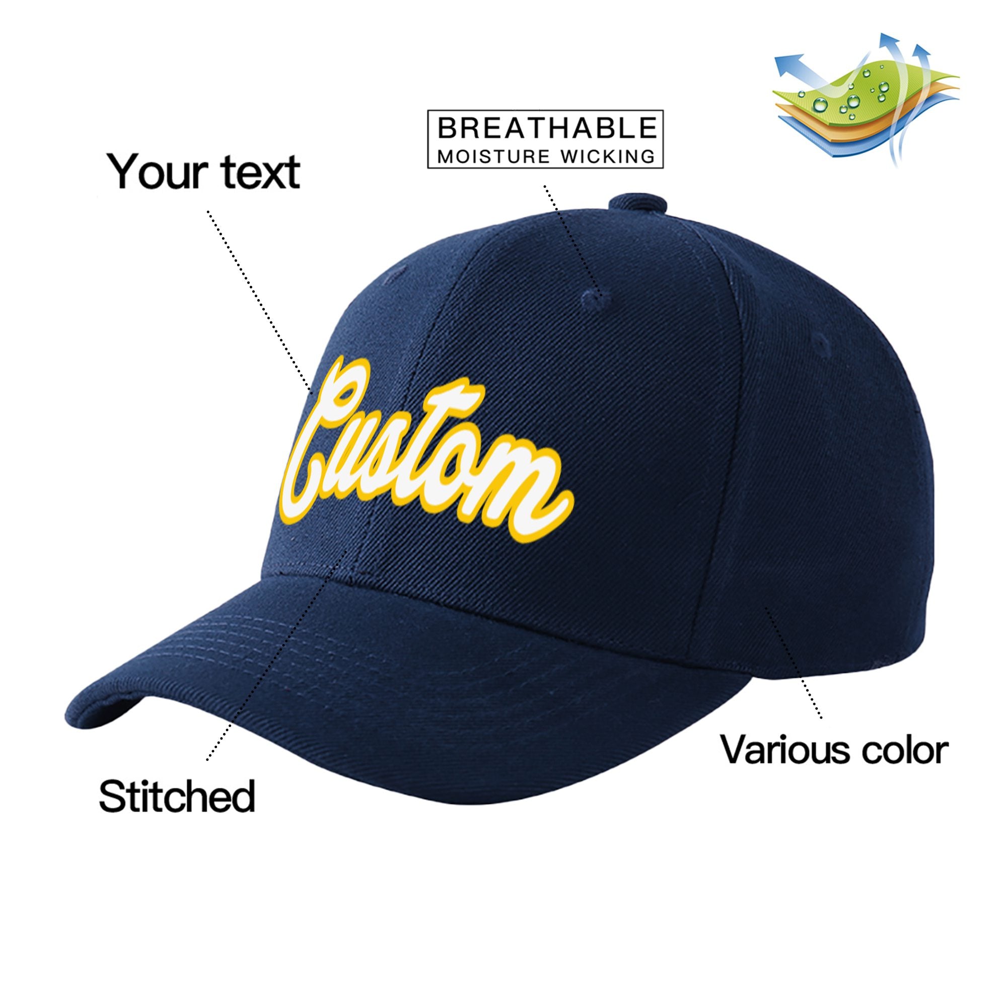 Custom Navy White Baseball Cap Curved Eaves Hats Vintage Design for Men/Women/Youth