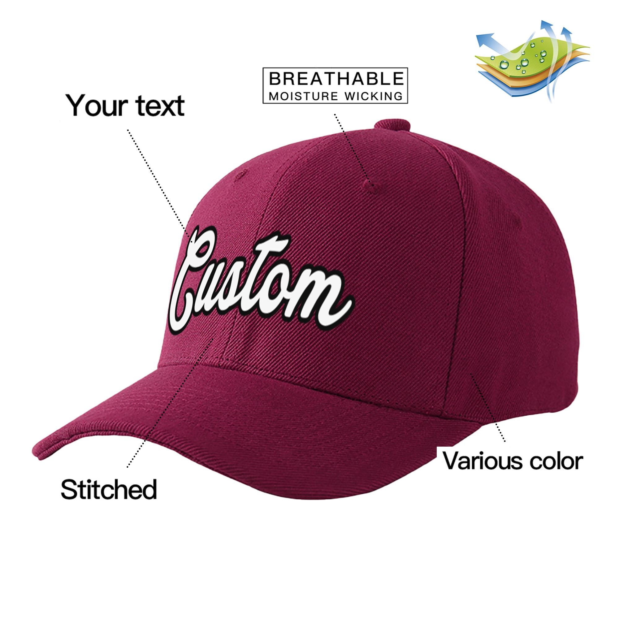 Custom Burgundy White Baseball Cap Curved Eaves Hats Vintage Design for Men/Women/Youth