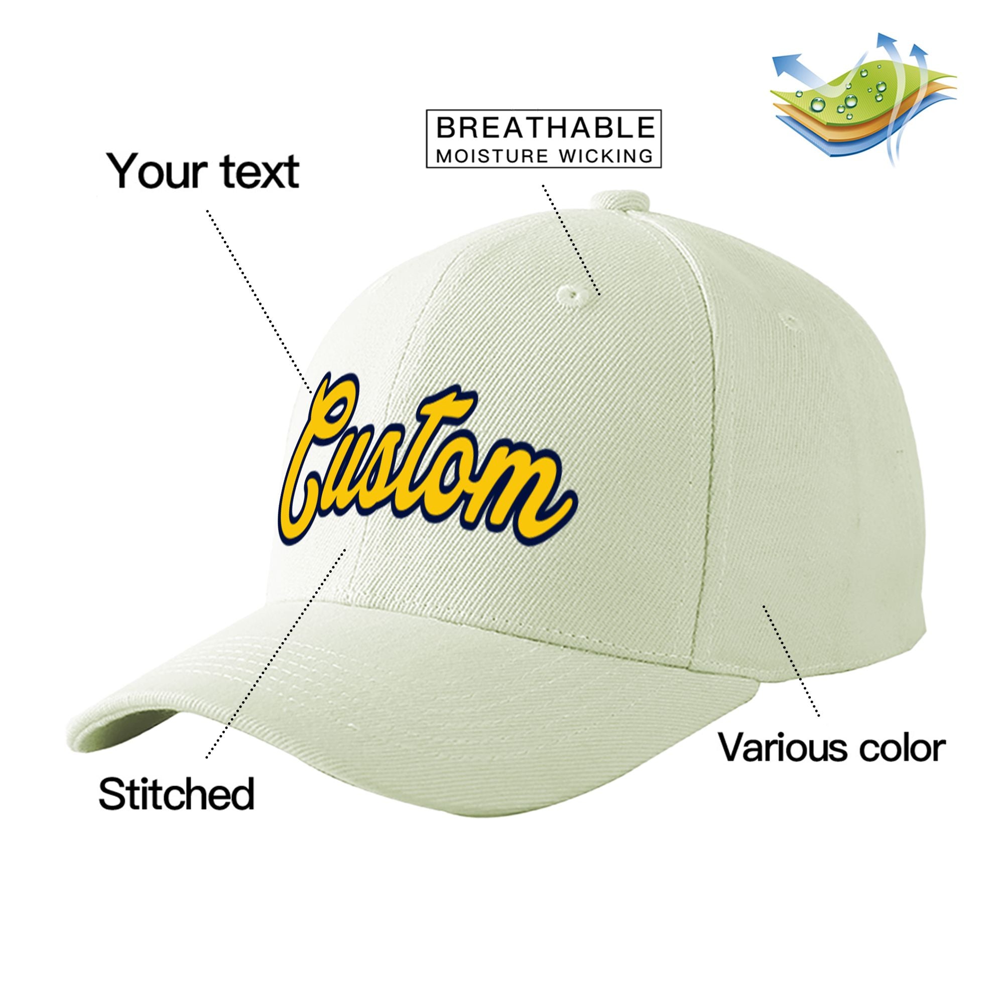 Custom Cream Yellow Baseball Cap Curved Eaves Hats Vintage Design for Men/Women/Youth