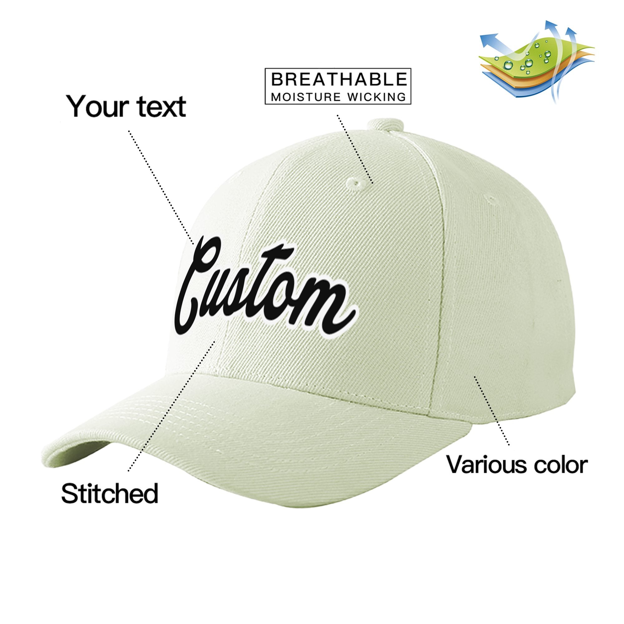 Custom Cream Black Baseball Cap Curved Eaves Hats Vintage Design for Men/Women/Youth