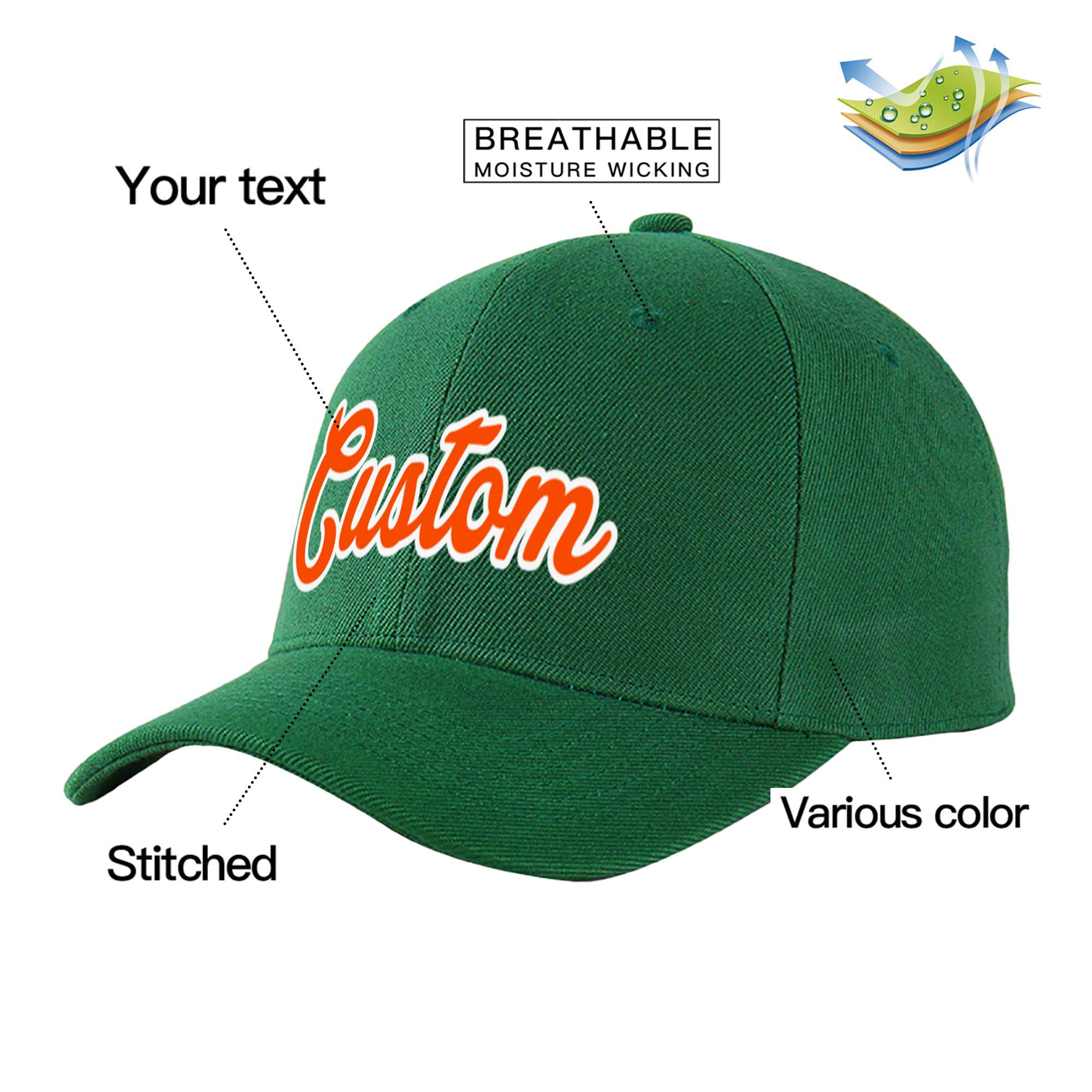 Custom Dark Green Orange Baseball Cap Curved Eaves Hats Vintage Design for Men/Women/Youth