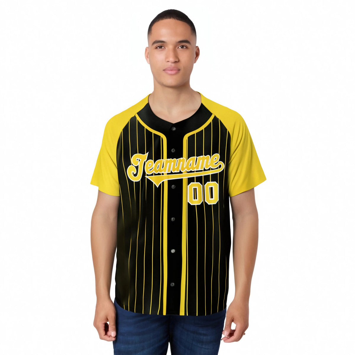 Custom Black Yellow Pinstripe Yellow-White Authentic Raglan Sleeves Baseball Jersey
