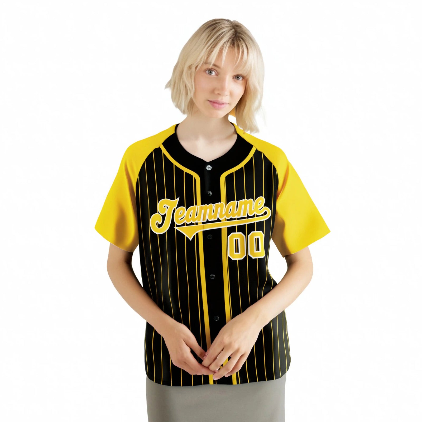 Custom Black Yellow Pinstripe Yellow-White Authentic Raglan Sleeves Baseball Jersey
