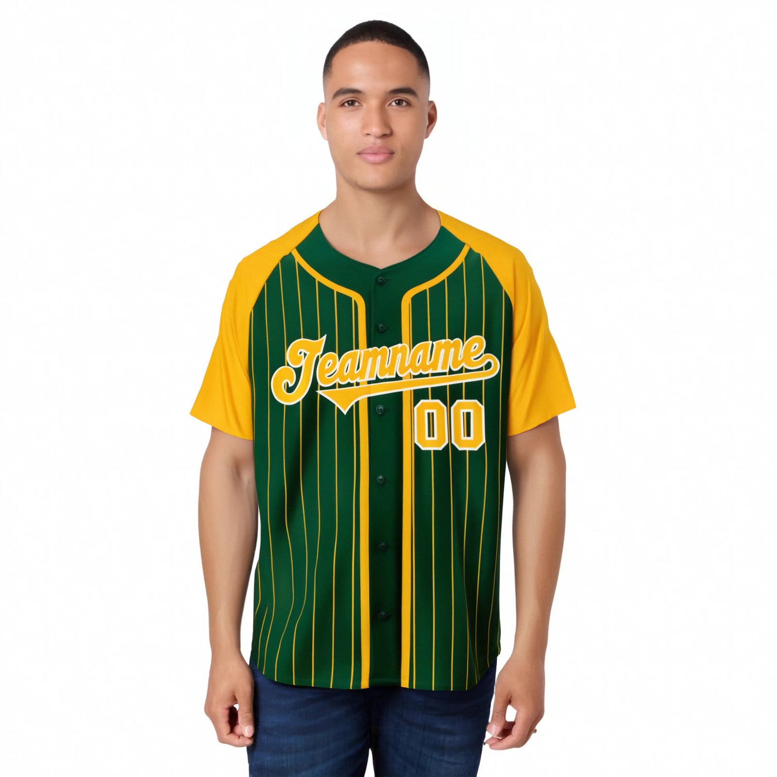 Custom Midnight Green Yellow Pinstripe Yellow-White Authentic Raglan Sleeves Baseball Jersey