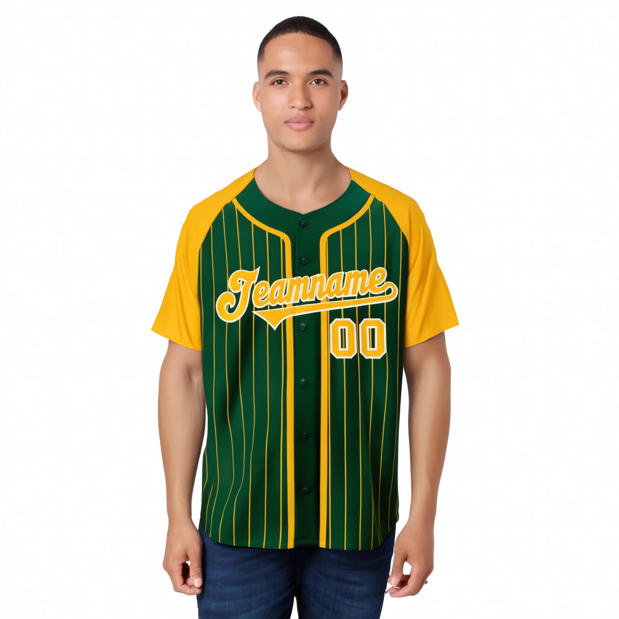 Custom Midnight Green Yellow Pinstripe Yellow-White Authentic Raglan Sleeves Baseball Jersey