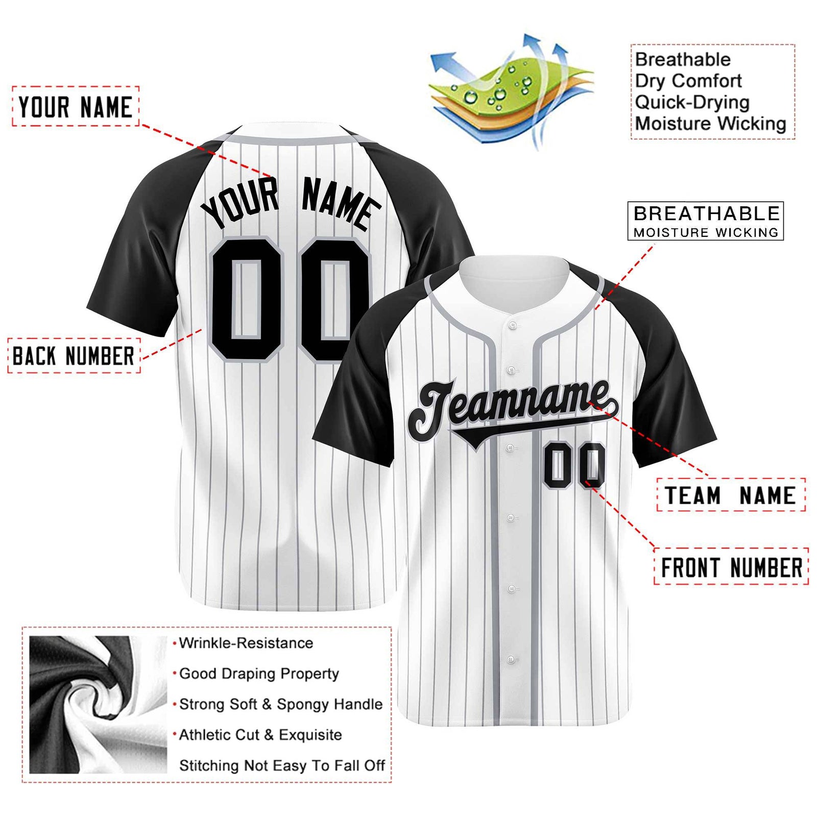 Custom White Black Pinstripe Gray-White Authentic Raglan Sleeves Baseball Jersey