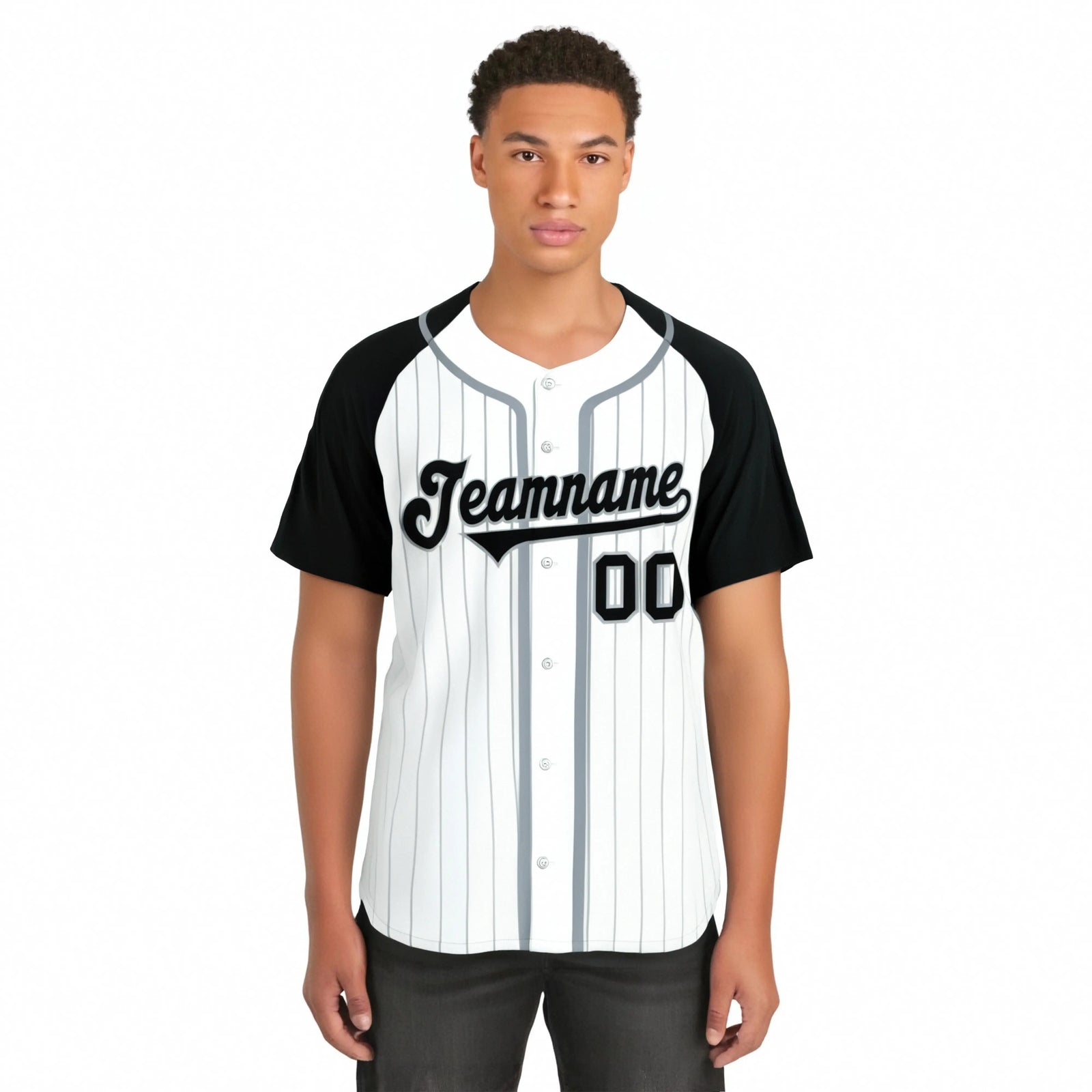 Custom White Black Pinstripe Gray-White Authentic Raglan Sleeves Baseball Jersey