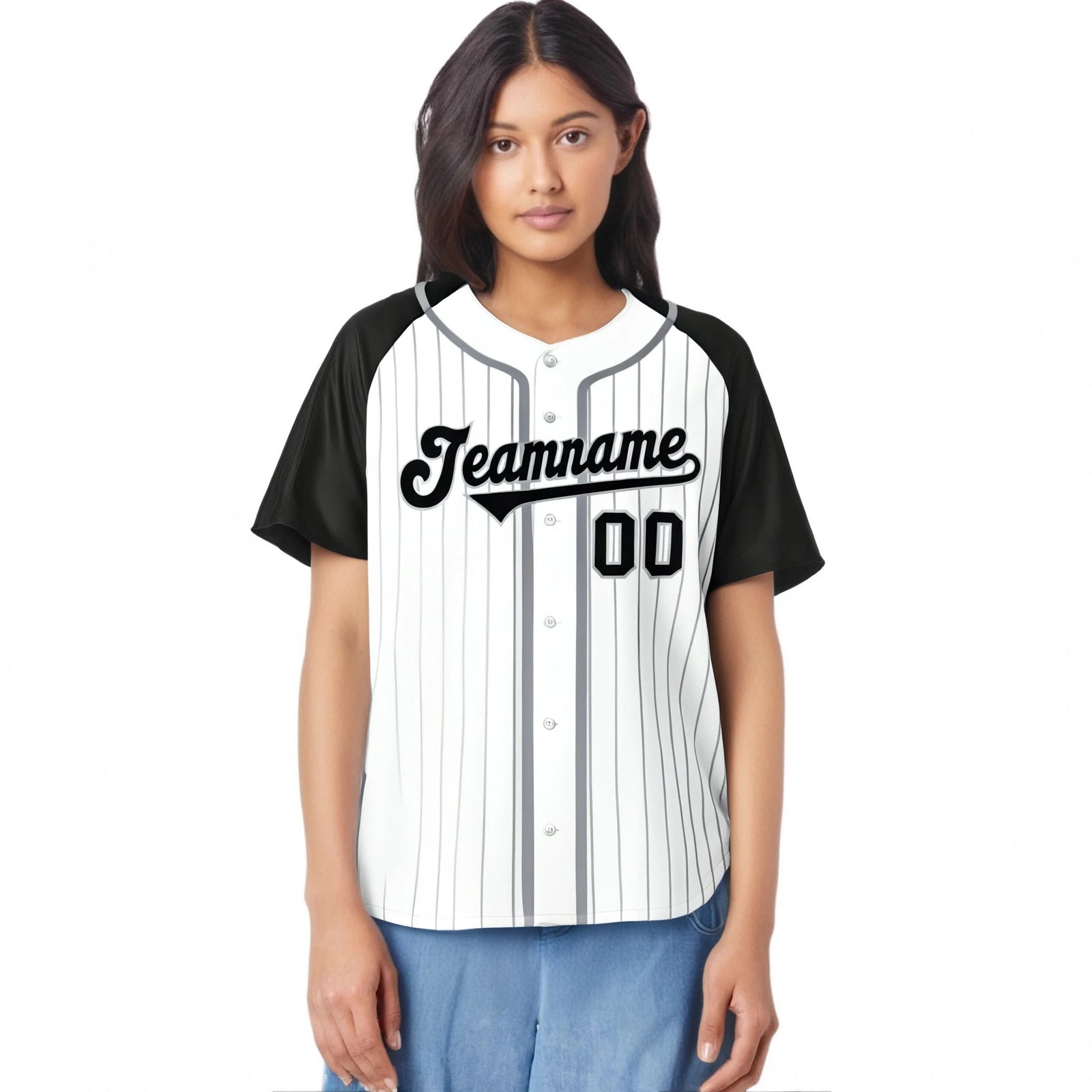 Custom White Black Pinstripe Gray-White Authentic Raglan Sleeves Baseball Jersey
