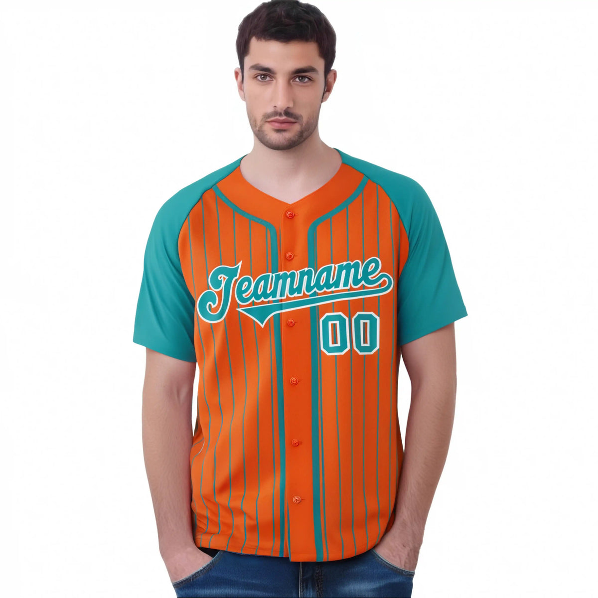 Custom Orange Midnight-Green Pinstripe Midnight-Green White Authentic Raglan Sleeves Baseball Jersey