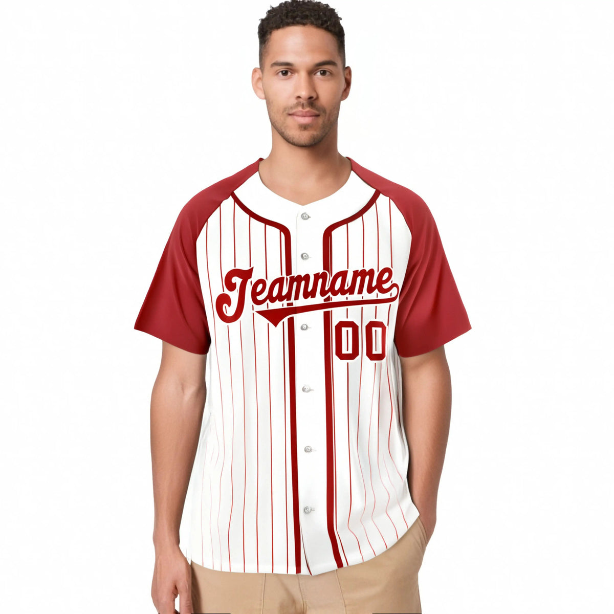 Custom White Red Pinstripe Red-White Authentic Raglan Sleeves Baseball Jersey