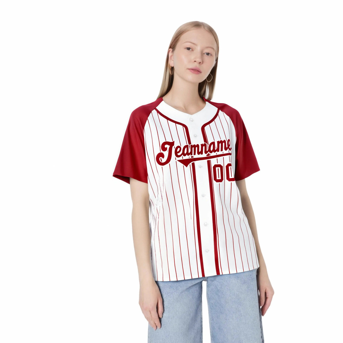 Custom White Red Pinstripe Red-White Authentic Raglan Sleeves Baseball Jersey