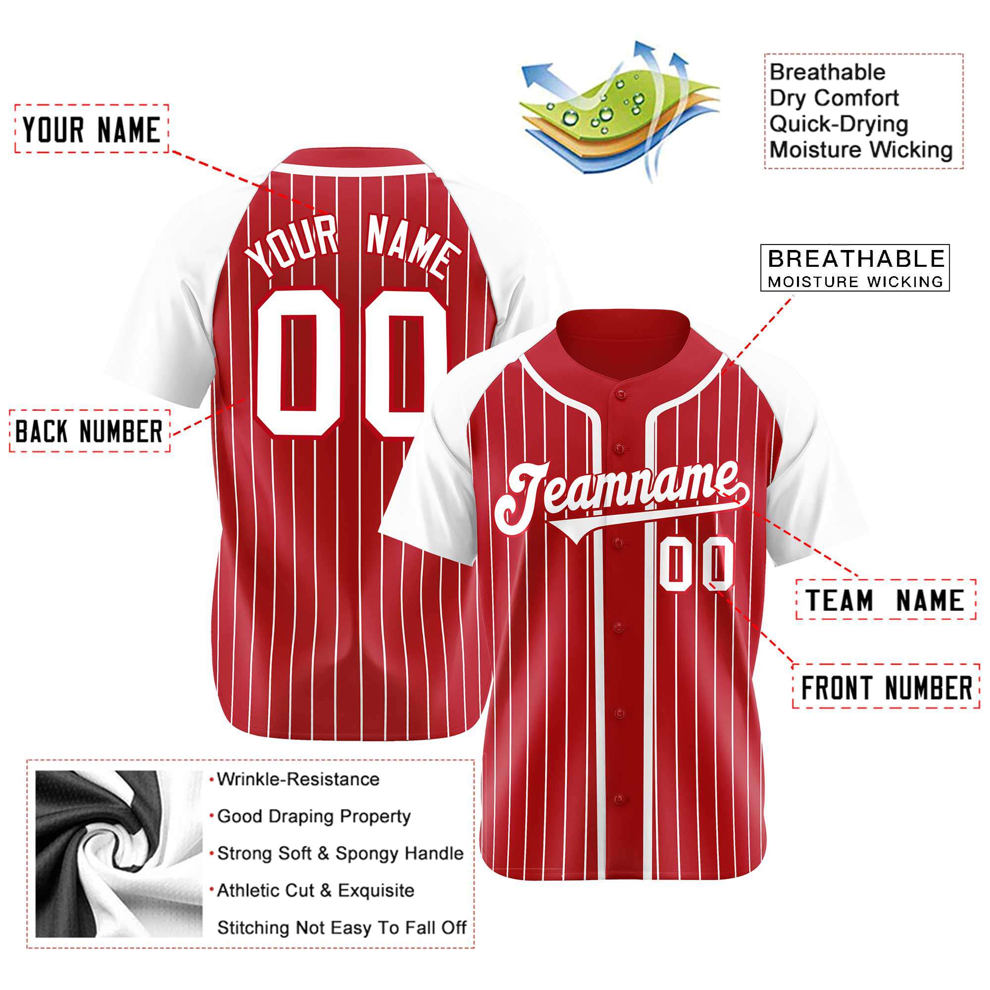 Custom Red White Pinstripe Red-White Authentic Raglan Sleeves Baseball Jersey