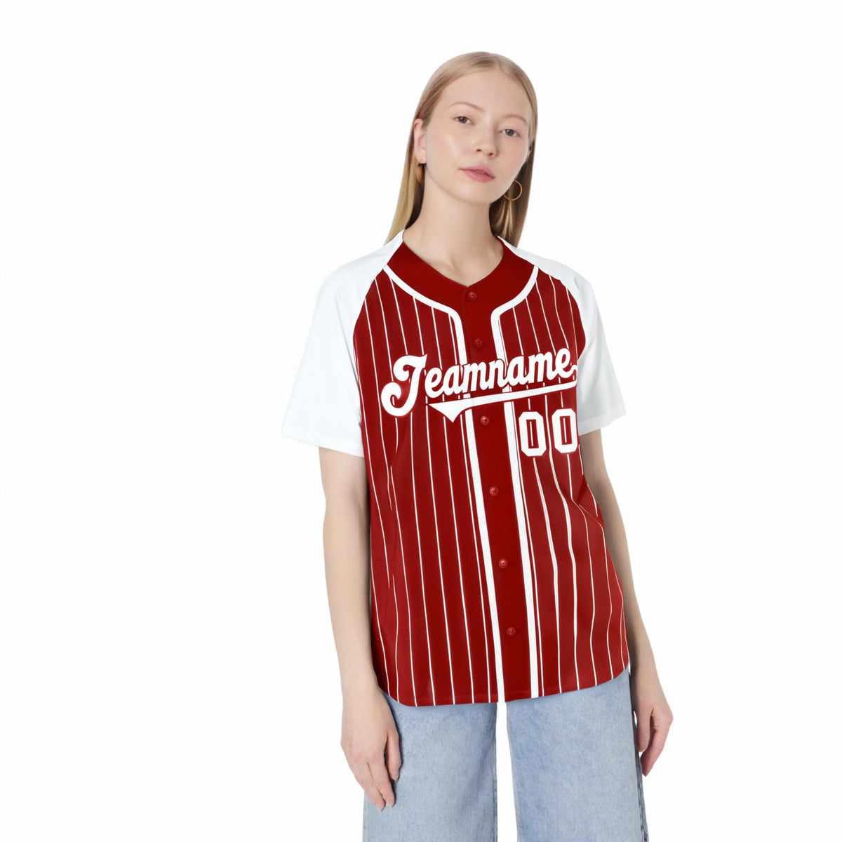 Custom Red White Pinstripe Red-White Authentic Raglan Sleeves Baseball Jersey