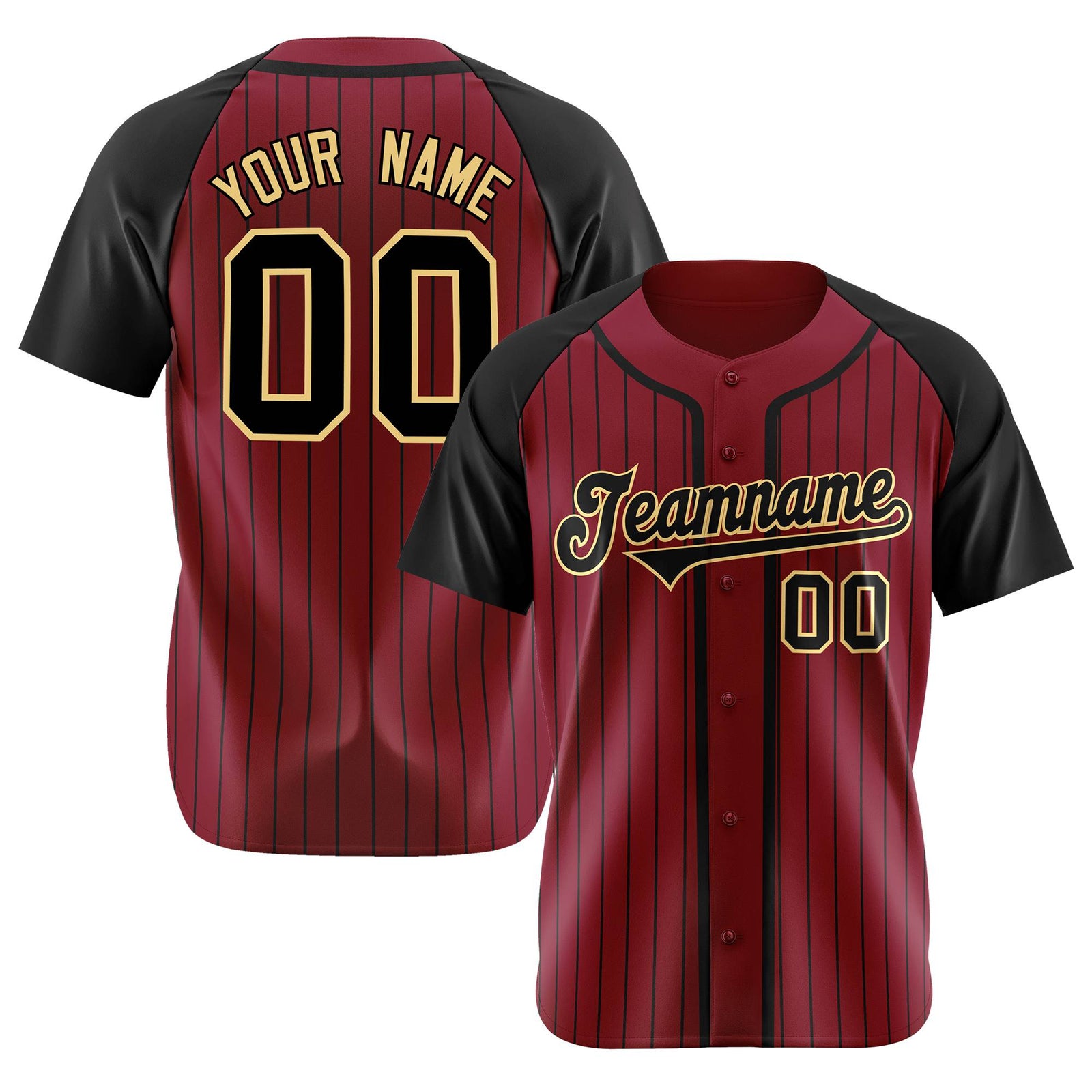 Custom Burgundy Black Pinstripe Black-Yellow Authentic Raglan Sleeves Baseball Jersey