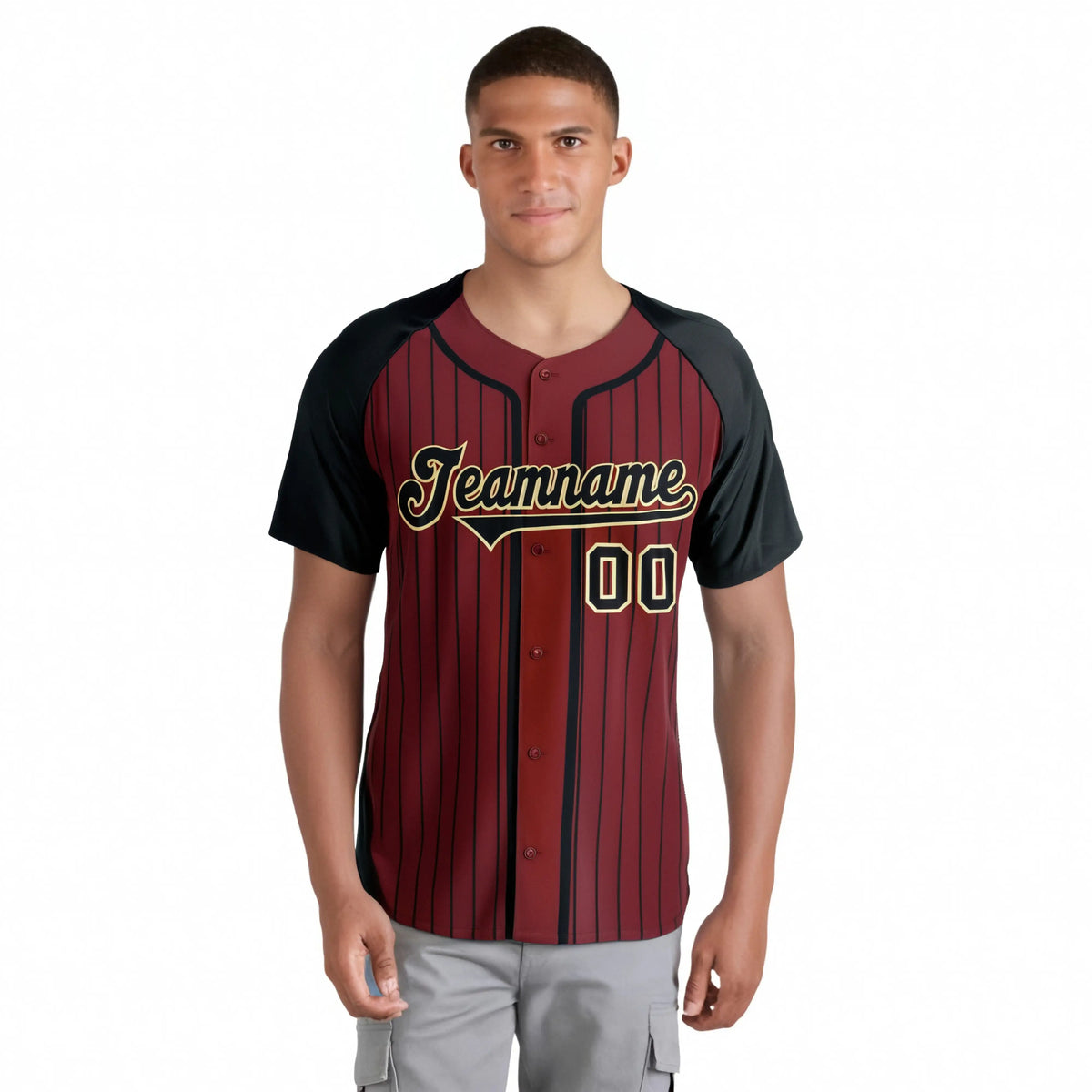 Custom Burgundy Black Pinstripe Black-Yellow Authentic Raglan Sleeves Baseball Jersey