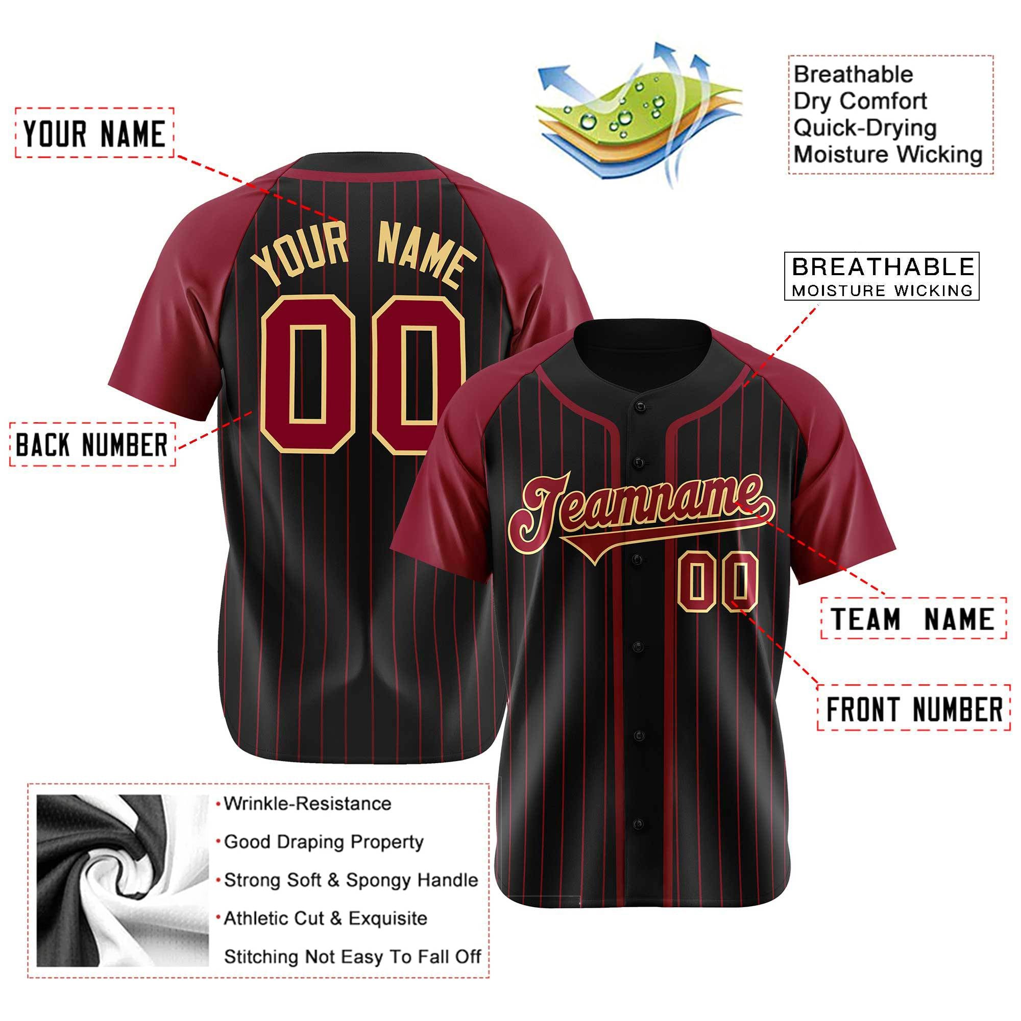 Custom Black Burgundy Pinstripe Burgundy-Yellow Authentic Raglan Sleeves Baseball Jersey