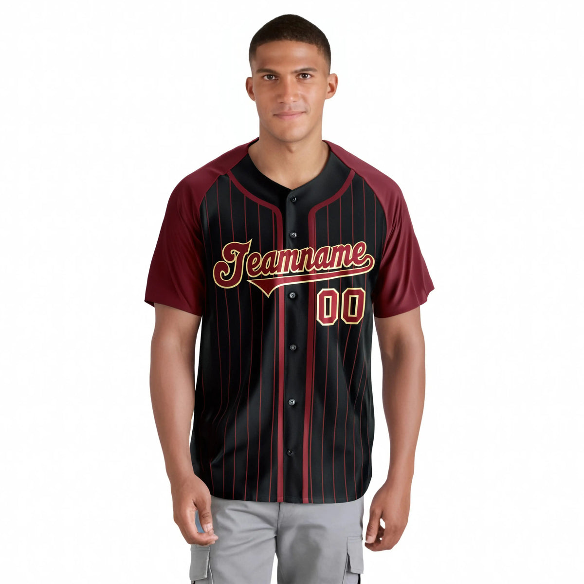Custom Black Burgundy Pinstripe Burgundy-Yellow Authentic Raglan Sleeves Baseball Jersey