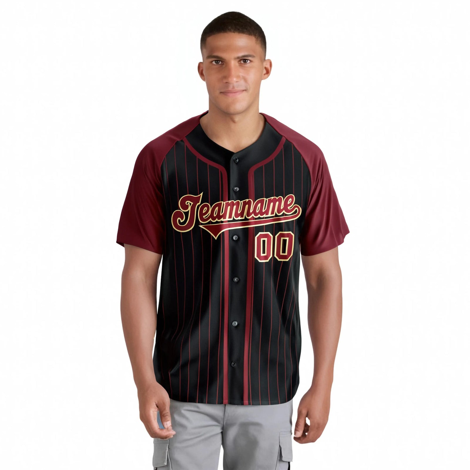 Custom Black Burgundy Pinstripe Burgundy-Yellow Authentic Raglan Sleeves Baseball Jersey