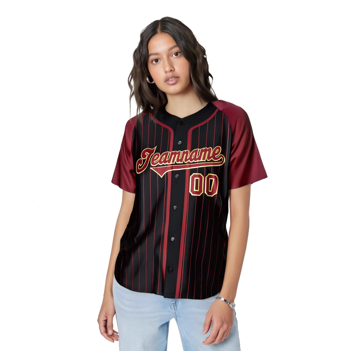 Custom Black Burgundy Pinstripe Burgundy-Yellow Authentic Raglan Sleeves Baseball Jersey