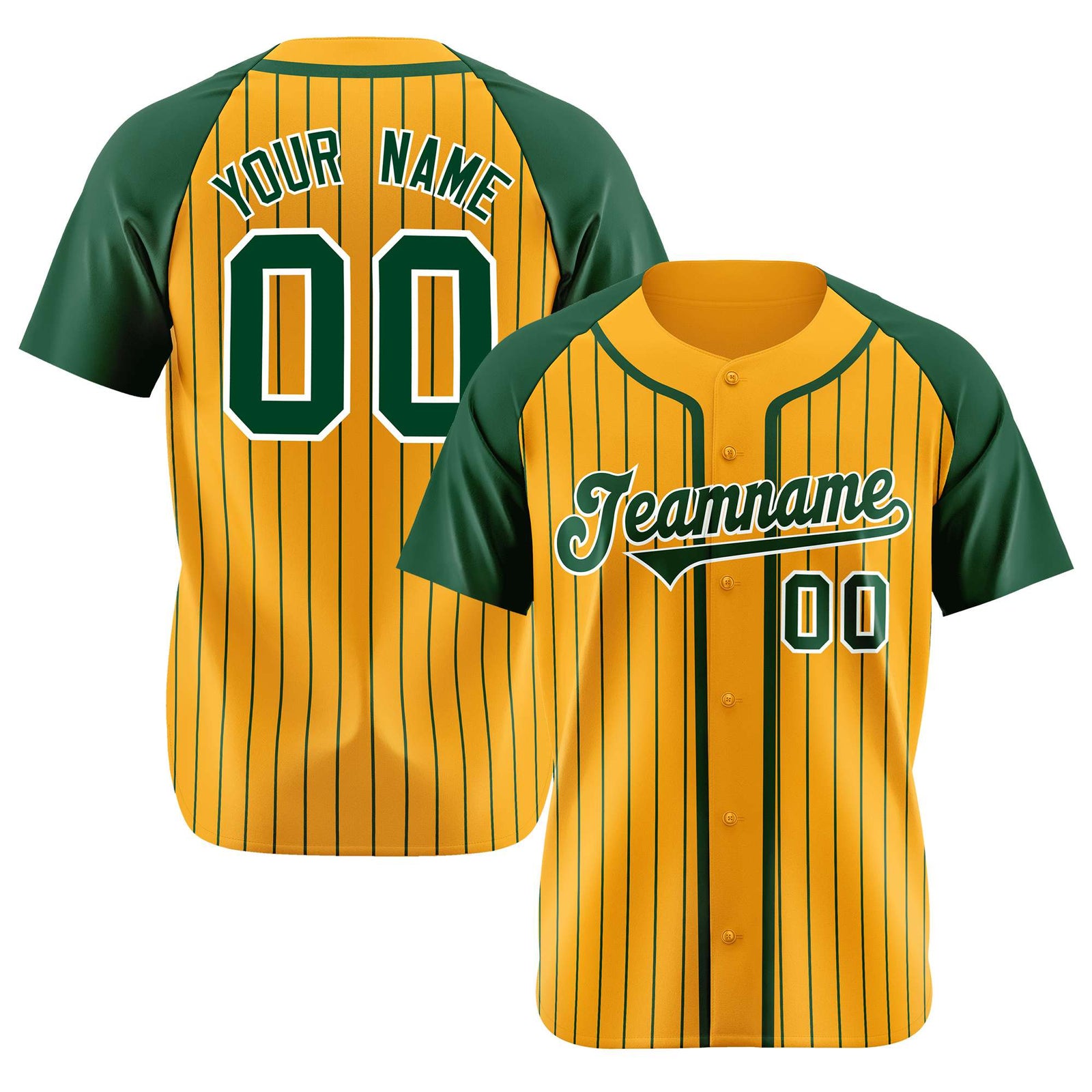 Custom Old Gold Kelly Green Pinstripe Kelly Green White Authentic Raglan Sleeves Baseball Jersey