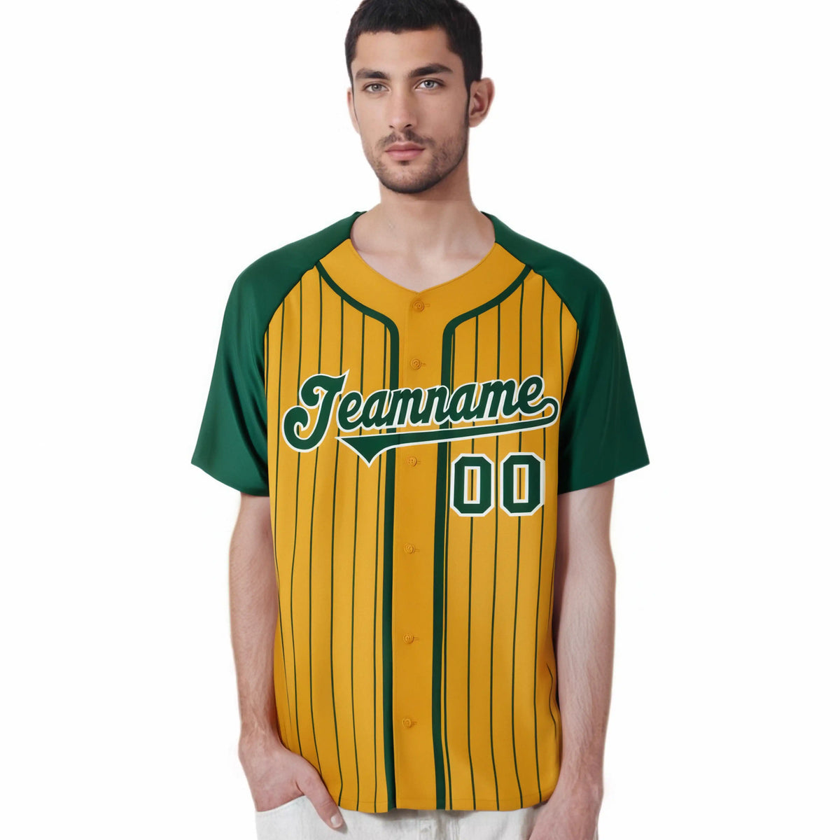 Custom Old Gold Kelly Green Pinstripe Kelly Green White Authentic Raglan Sleeves Baseball Jersey