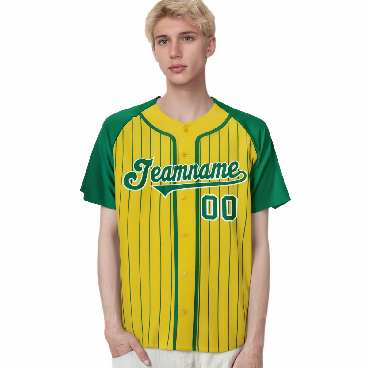 Custom Yellow Kelly Green Pinstripe Kelly Green White Authentic Raglan Sleeves Baseball Jersey