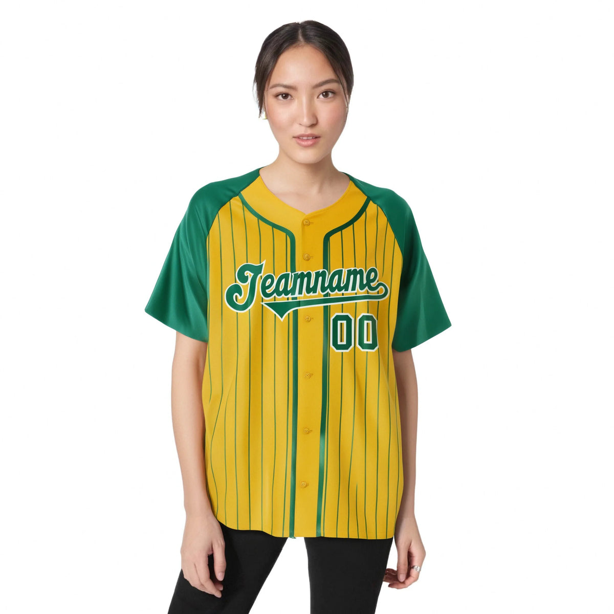 Custom Yellow Kelly Green Pinstripe Kelly Green White Authentic Raglan Sleeves Baseball Jersey