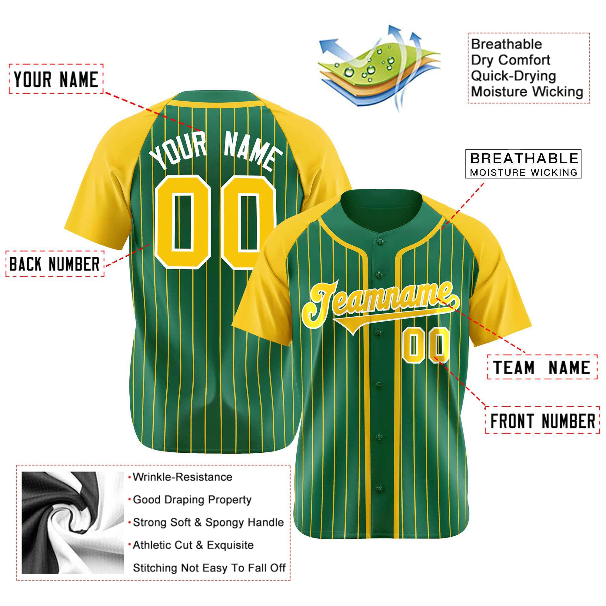 Custom Kelly Green Yellow Pinstripe Yellow-White Authentic Raglan Sleeves Baseball Jersey