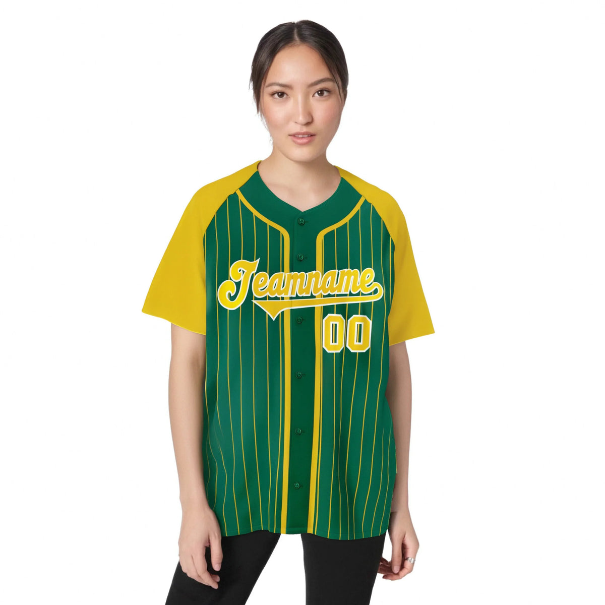 Custom Kelly Green Yellow Pinstripe Yellow-White Authentic Raglan Sleeves Baseball Jersey