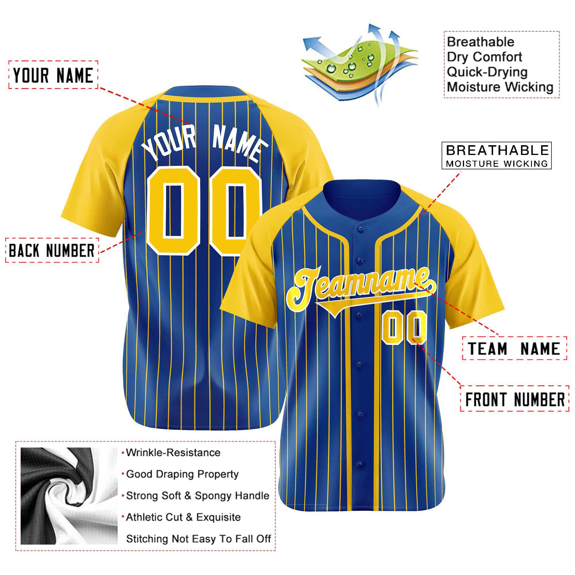 Custom Blue Yellow Pinstripe Yellow-White Authentic Raglan Sleeves Baseball Jersey