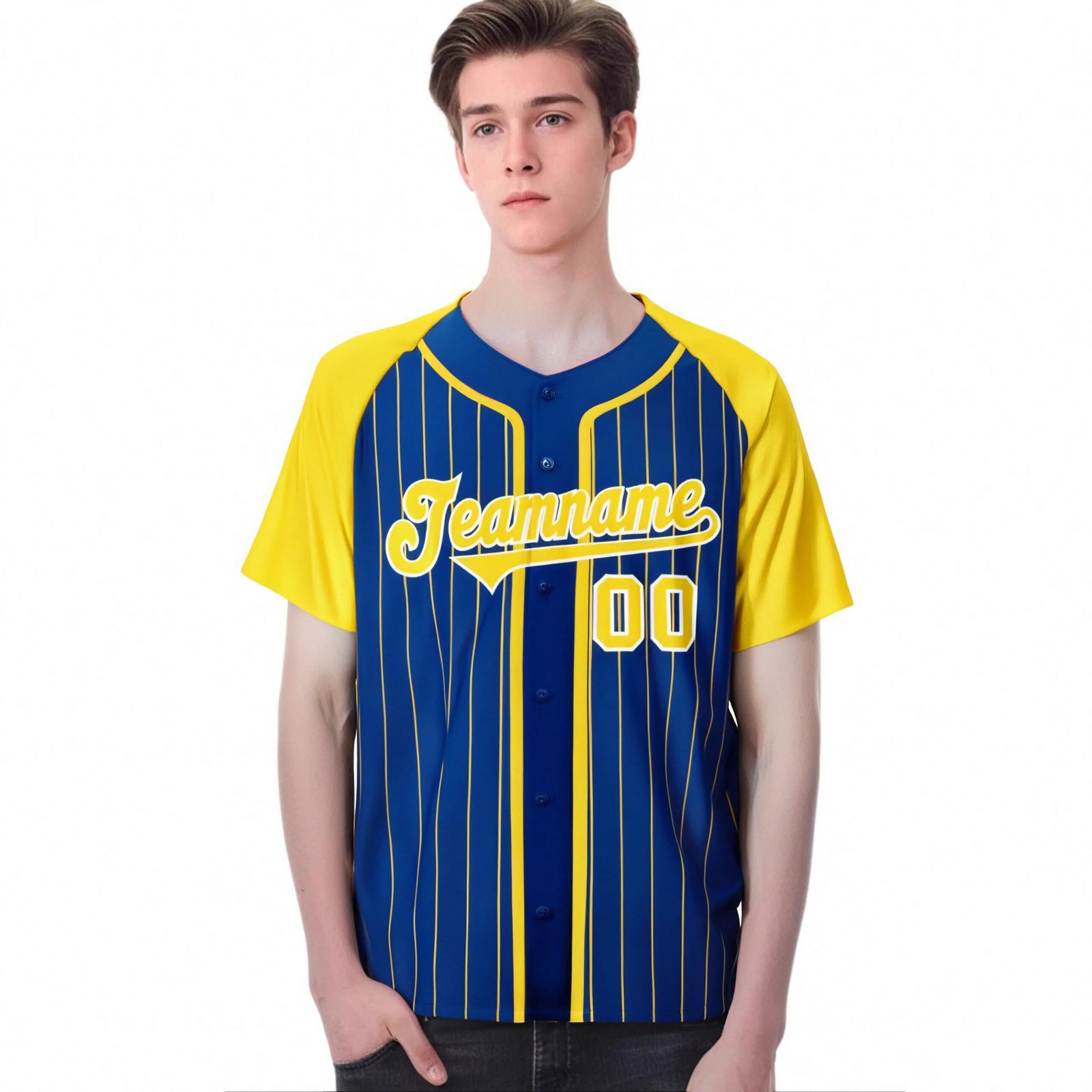 Custom Blue Yellow Pinstripe Yellow-White Authentic Raglan Sleeves Baseball Jersey