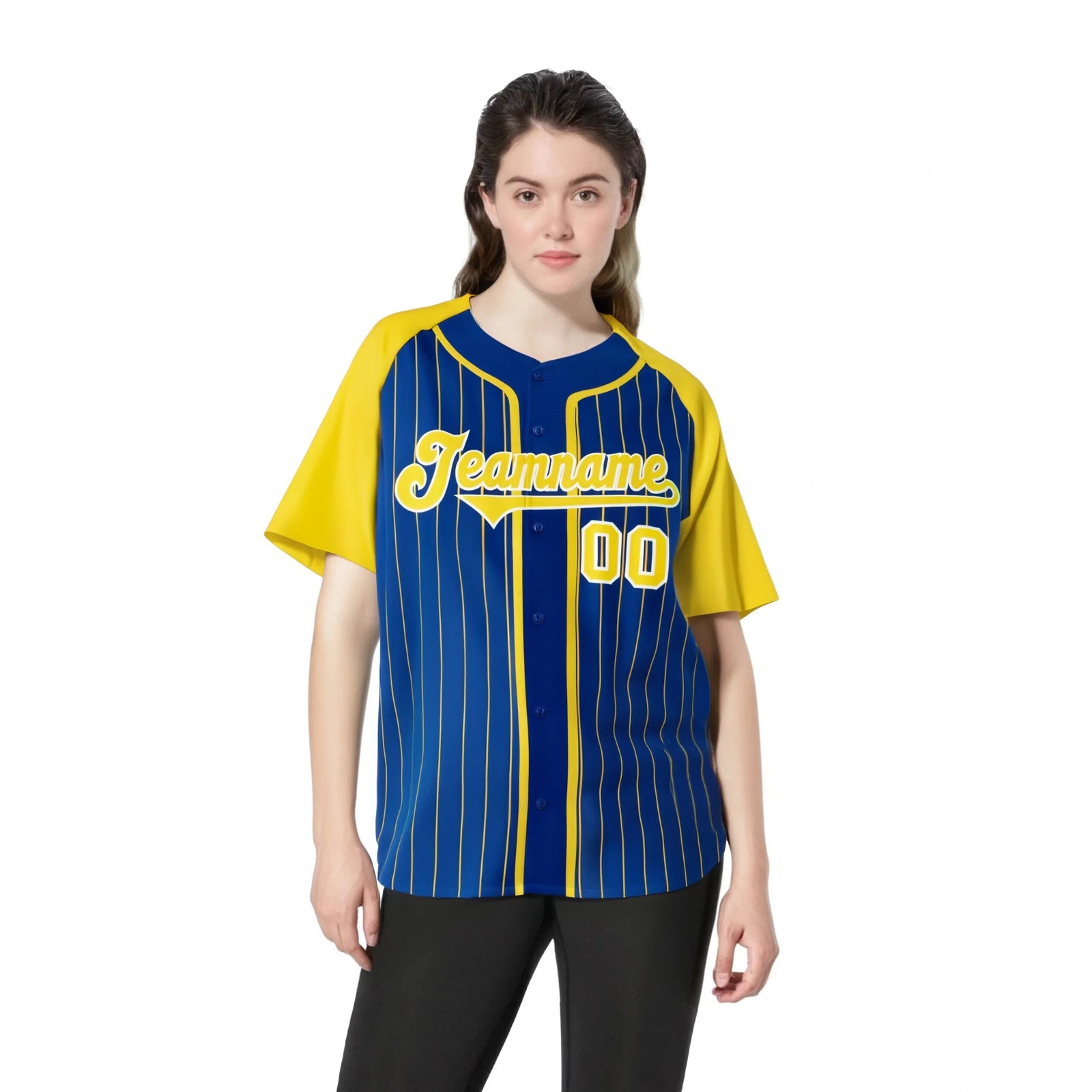 Custom Blue Yellow Pinstripe Yellow-White Authentic Raglan Sleeves Baseball Jersey
