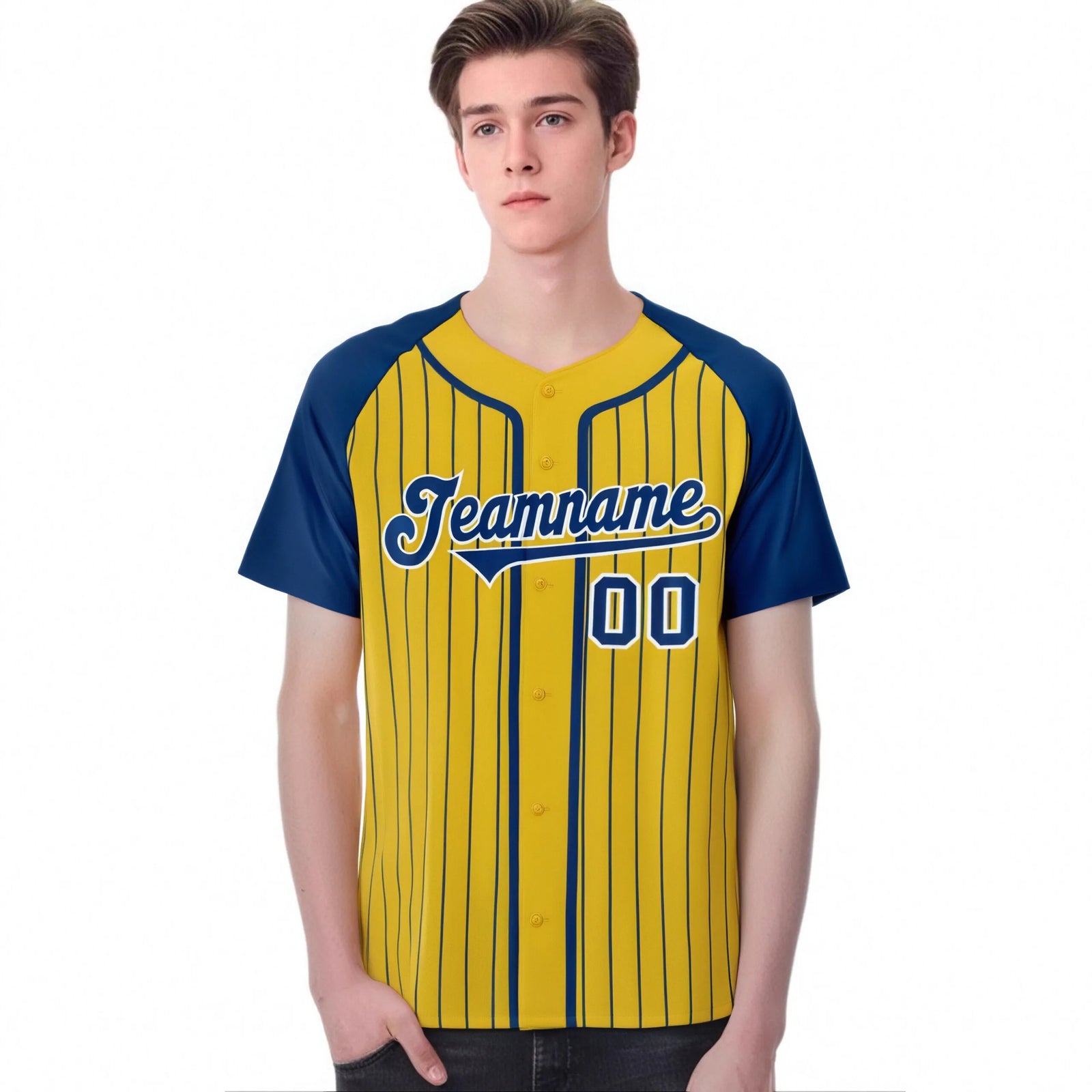 Custom Yellow Blue Pinstripe Blue-White Authentic Raglan Sleeves Baseball Jersey