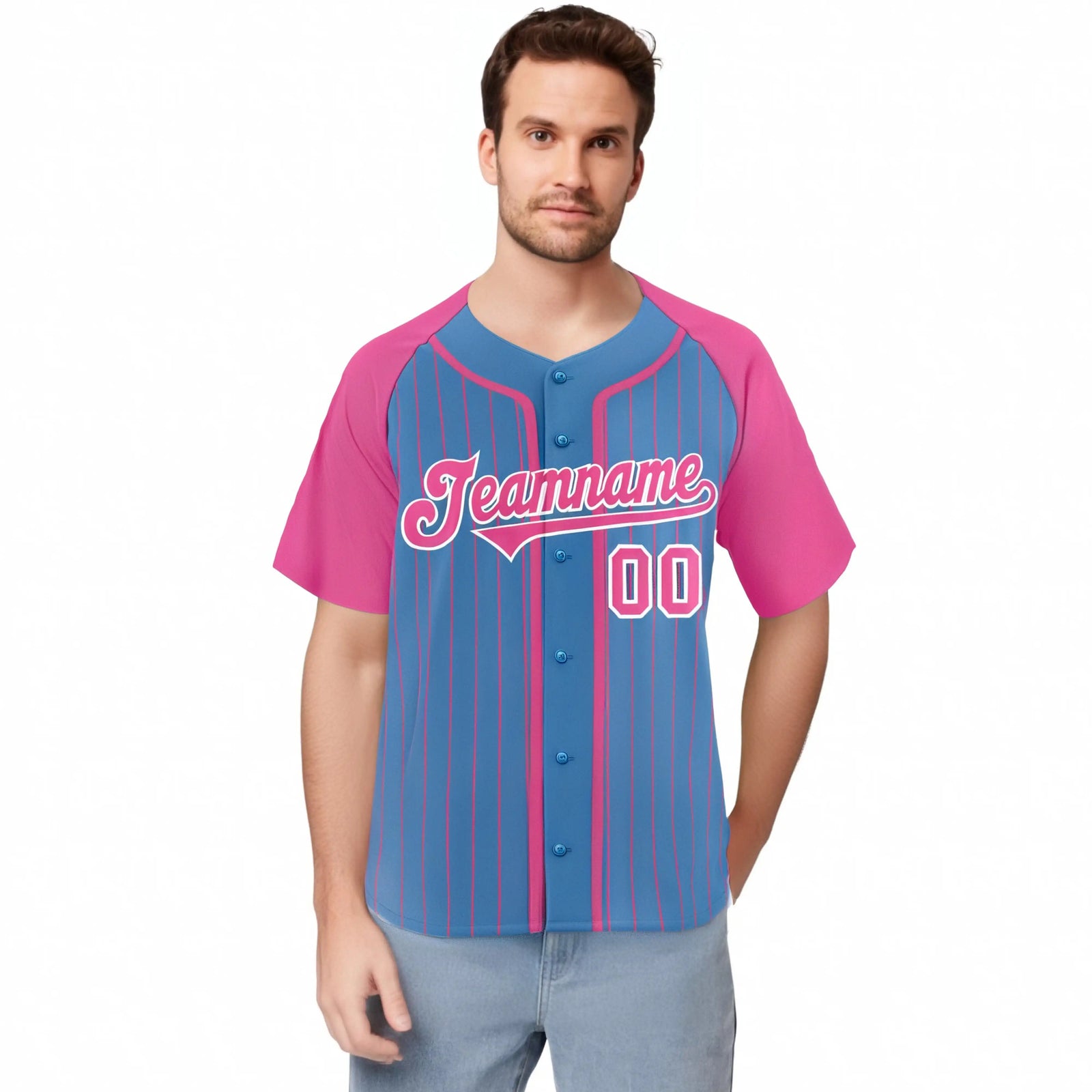 Custom Powder Blue Pink Pinstripe Pink-White Authentic Raglan Sleeves Baseball Jersey