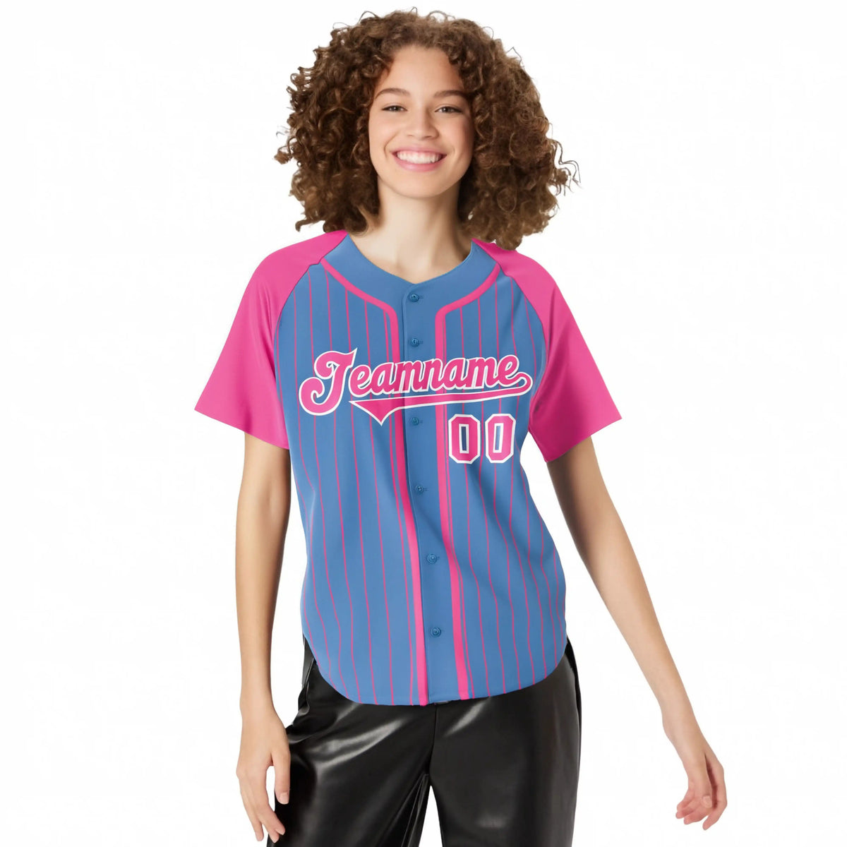 Custom Powder Blue Pink Pinstripe Pink-White Authentic Raglan Sleeves Baseball Jersey