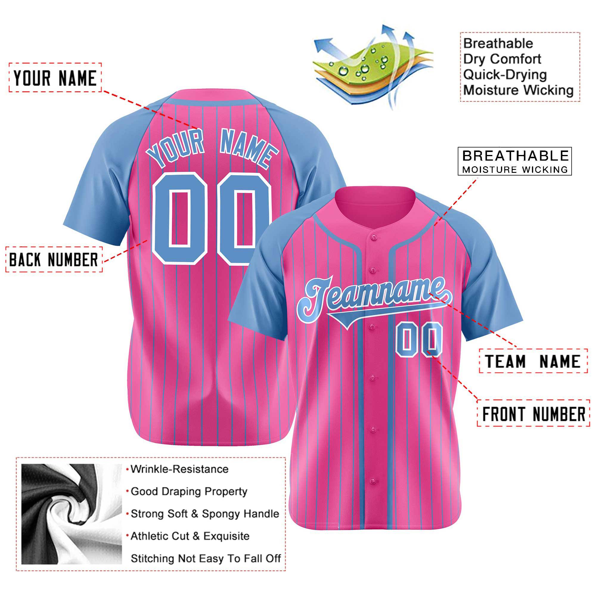 Custom Pink Powder Blue Pinstripe Powder-Blue White Authentic Raglan Sleeves Baseball Jersey