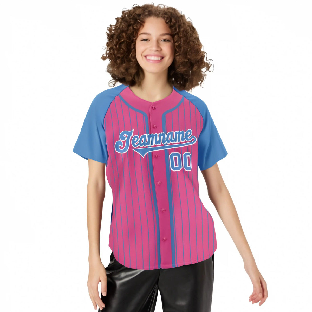 Custom Pink Powder Blue Pinstripe Powder-Blue White Authentic Raglan Sleeves Baseball Jersey