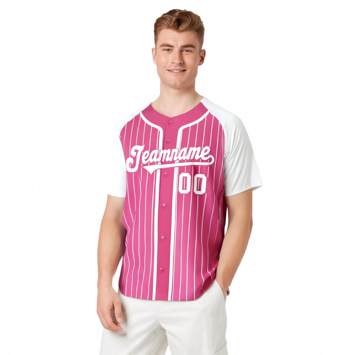 Custom Pink White Pinstripe Pink-White Authentic Raglan Sleeves Baseball Jersey