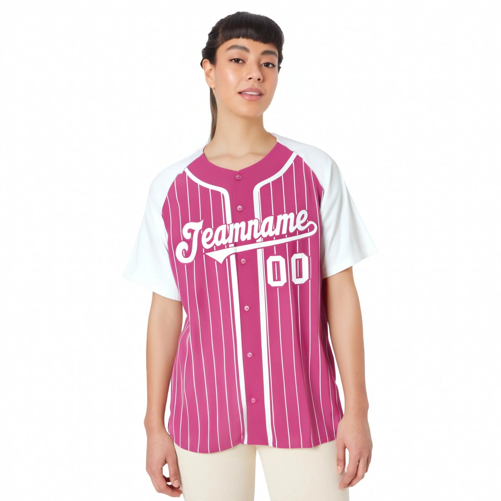 Custom Pink White Pinstripe Pink-White Authentic Raglan Sleeves Baseball Jersey