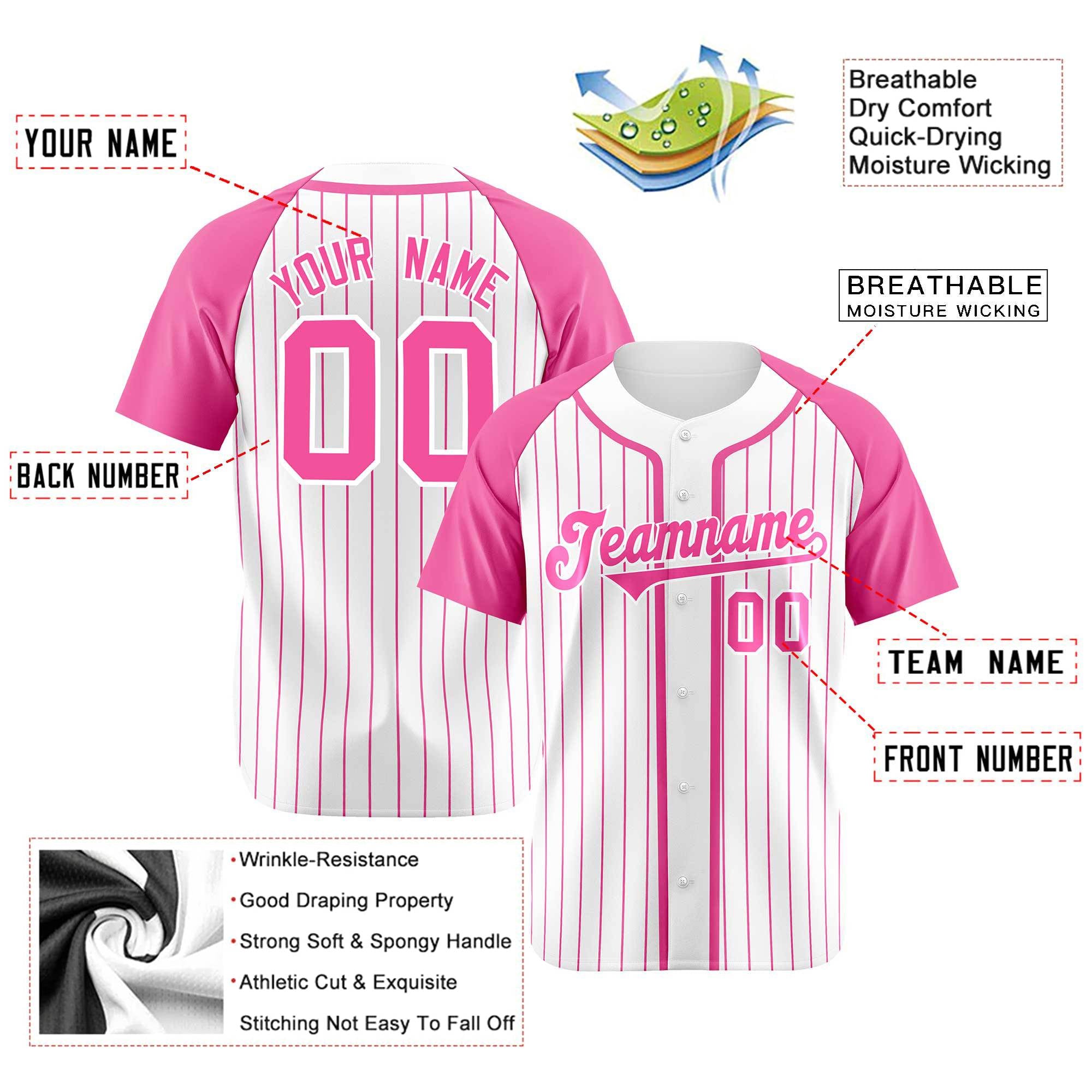 Custom White Pink Pinstripe White-Pink Authentic Raglan Sleeves Baseball Jersey