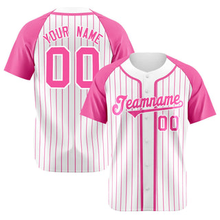 Camiseta de béisbol personalizada con rayas blancas y rosas, auténtica, mangas raglán. - Style 1