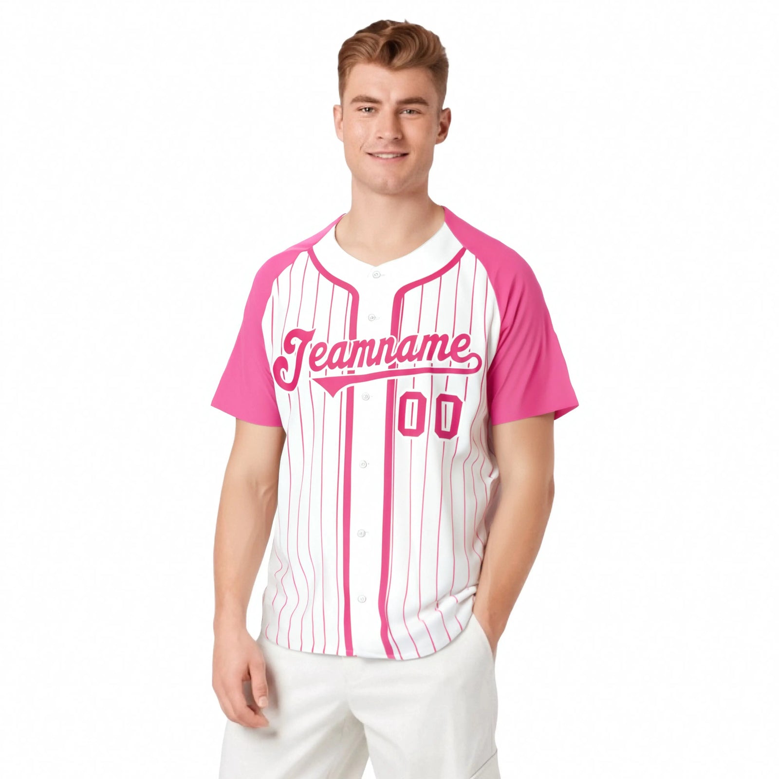 Custom White Pink Pinstripe White-Pink Authentic Raglan Sleeves Baseball Jersey