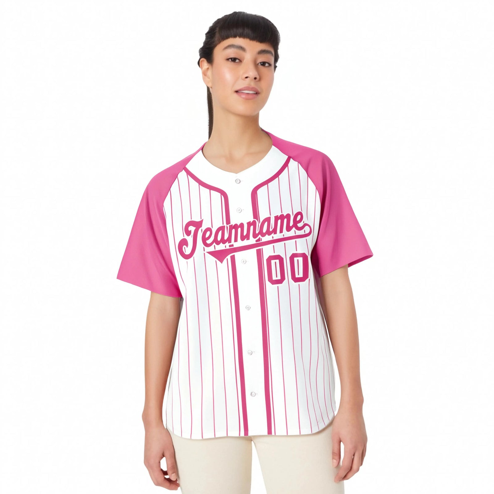 Custom White Pink Pinstripe White-Pink Authentic Raglan Sleeves Baseball Jersey