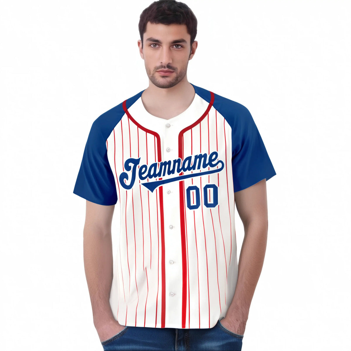 Custom White Blue Pinstripe Blue-Crimson Authentic Raglan Sleeves Baseball Jersey
