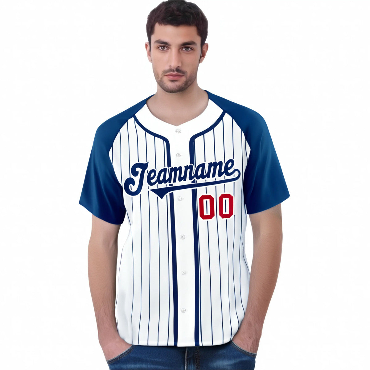 Custom White Blue Pinstripe Crimson-Blue Authentic Raglan Sleeves Baseball Jersey