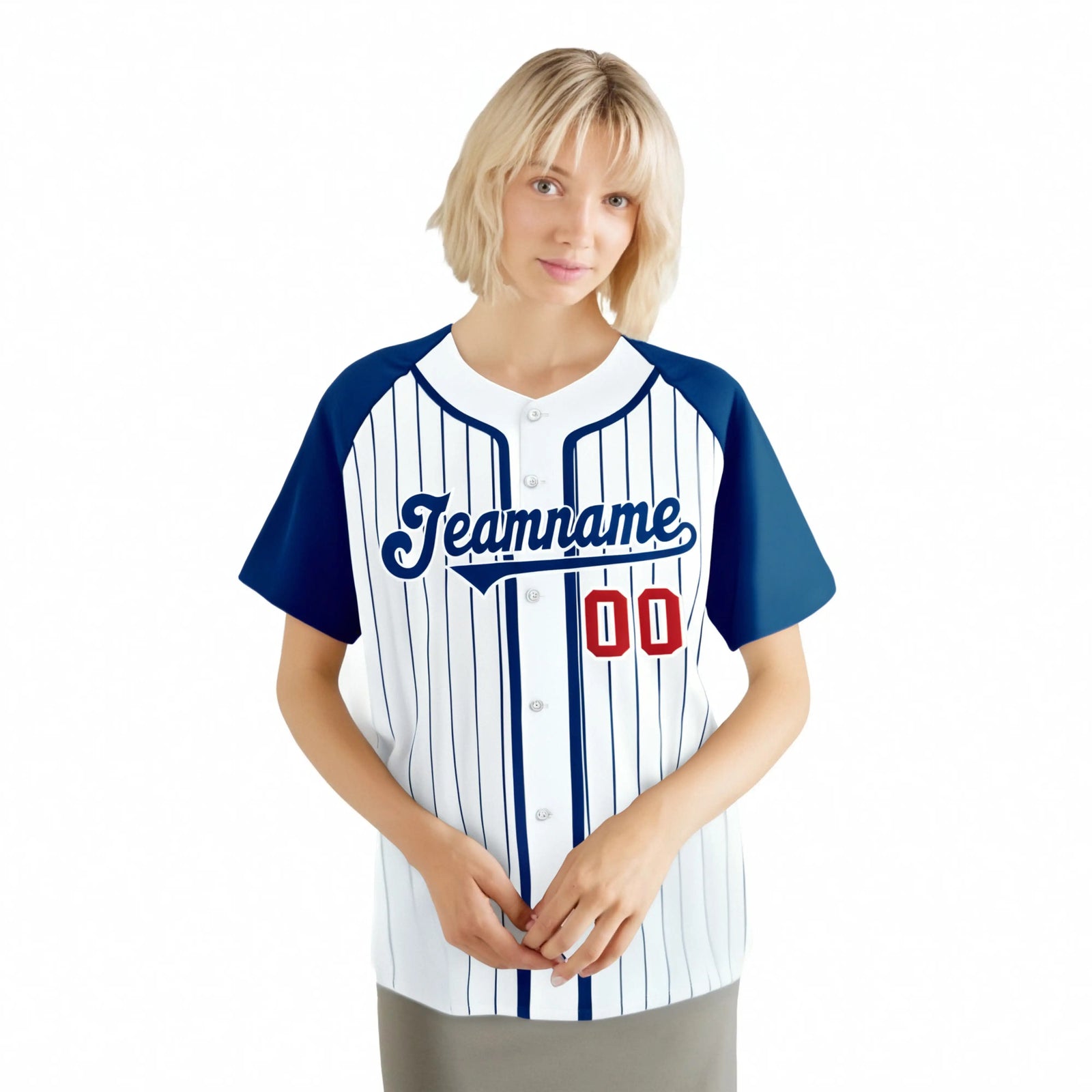 Custom White Blue Pinstripe Crimson-Blue Authentic Raglan Sleeves Baseball Jersey