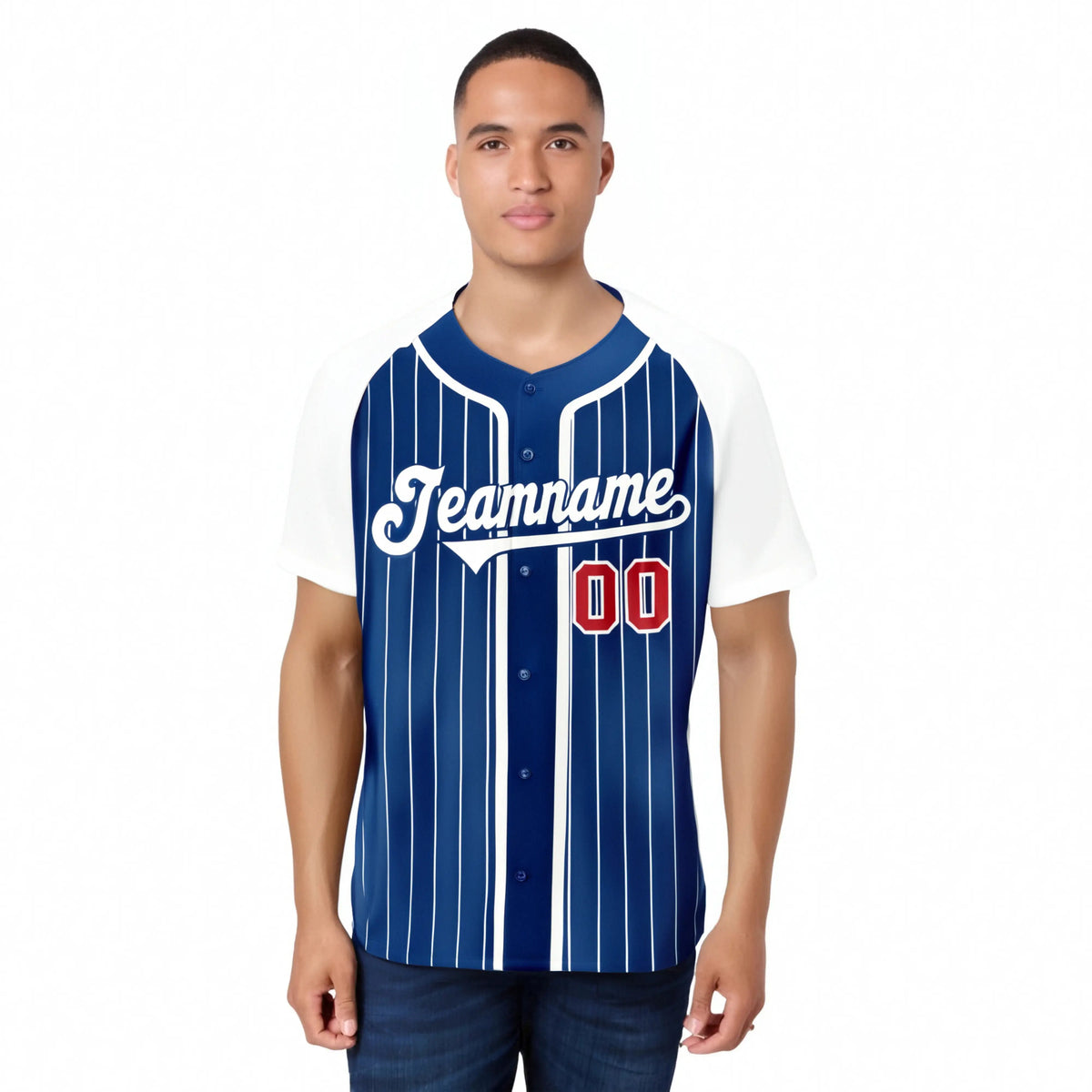 Custom Blue White Pinstripe Red-White Authentic Raglan Sleeves Baseball Jersey