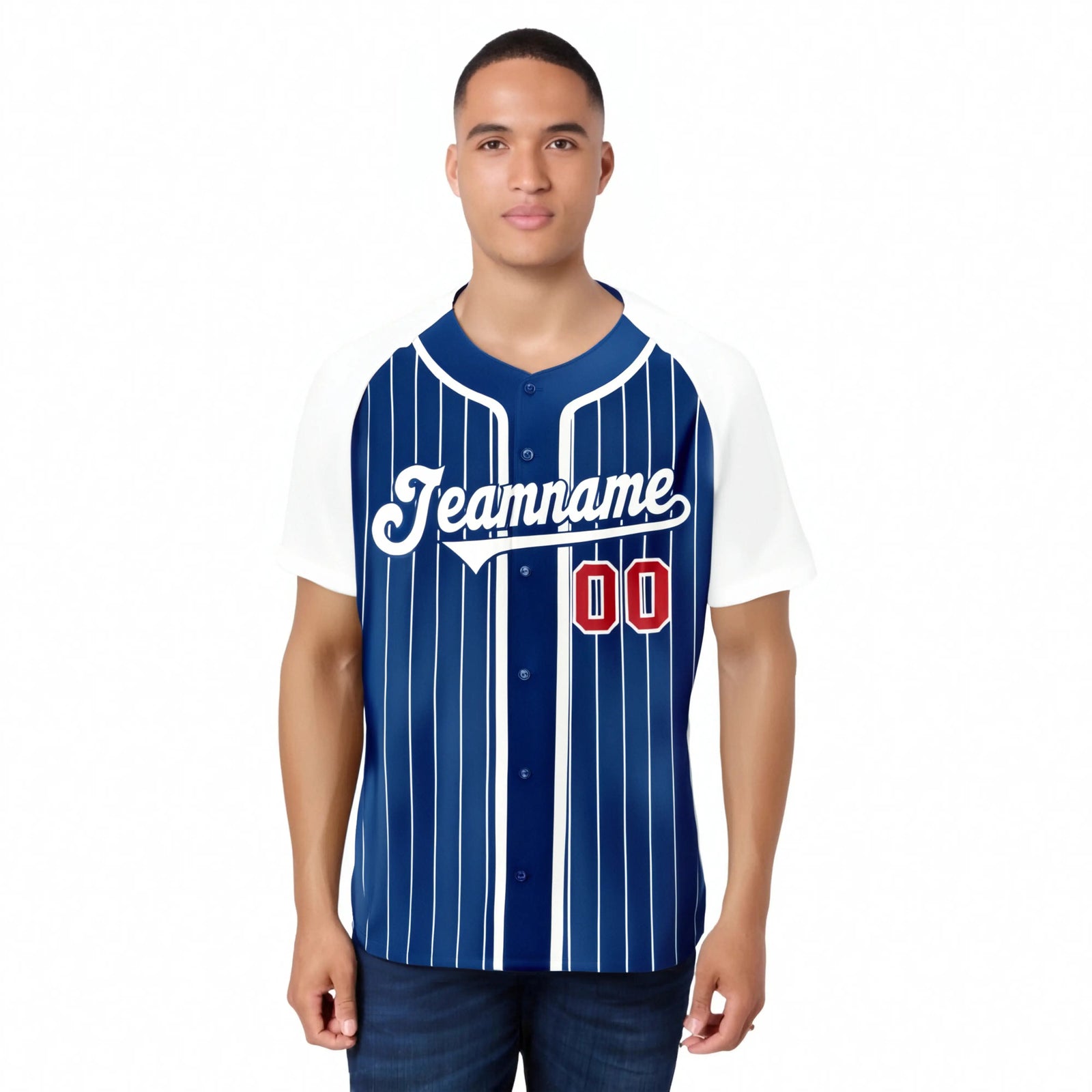 Custom Blue White Pinstripe Red-White Authentic Raglan Sleeves Baseball Jersey