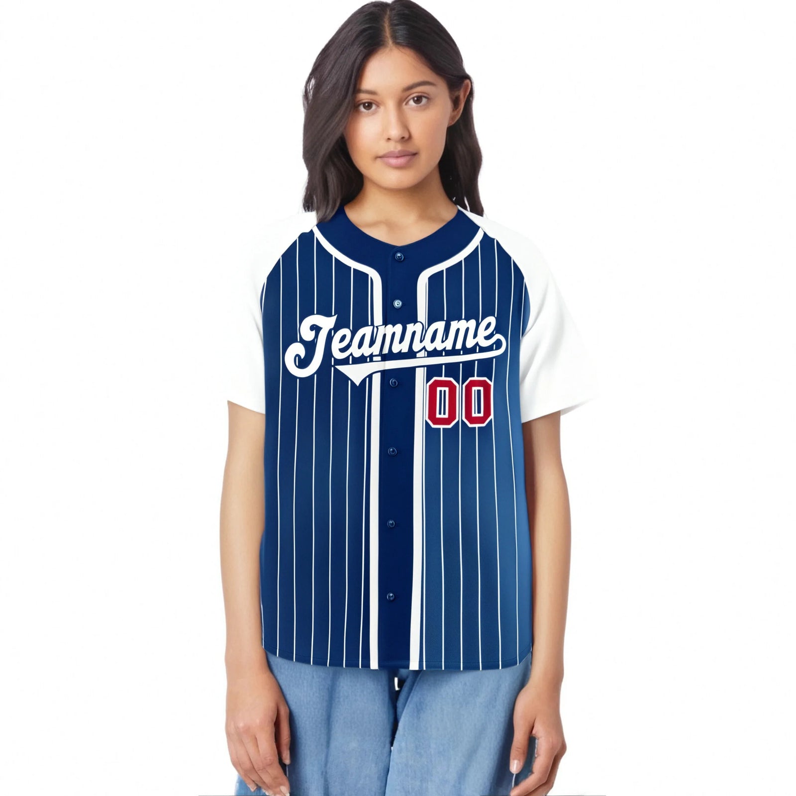 Custom Blue White Pinstripe Red-White Authentic Raglan Sleeves Baseball Jersey